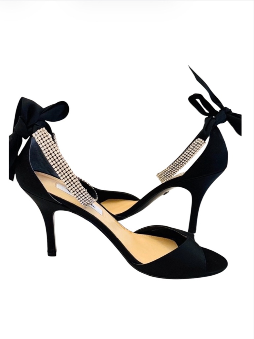 Nina Vinnie Black Satin Rhinestone Bow Tie Back Heels 8.5